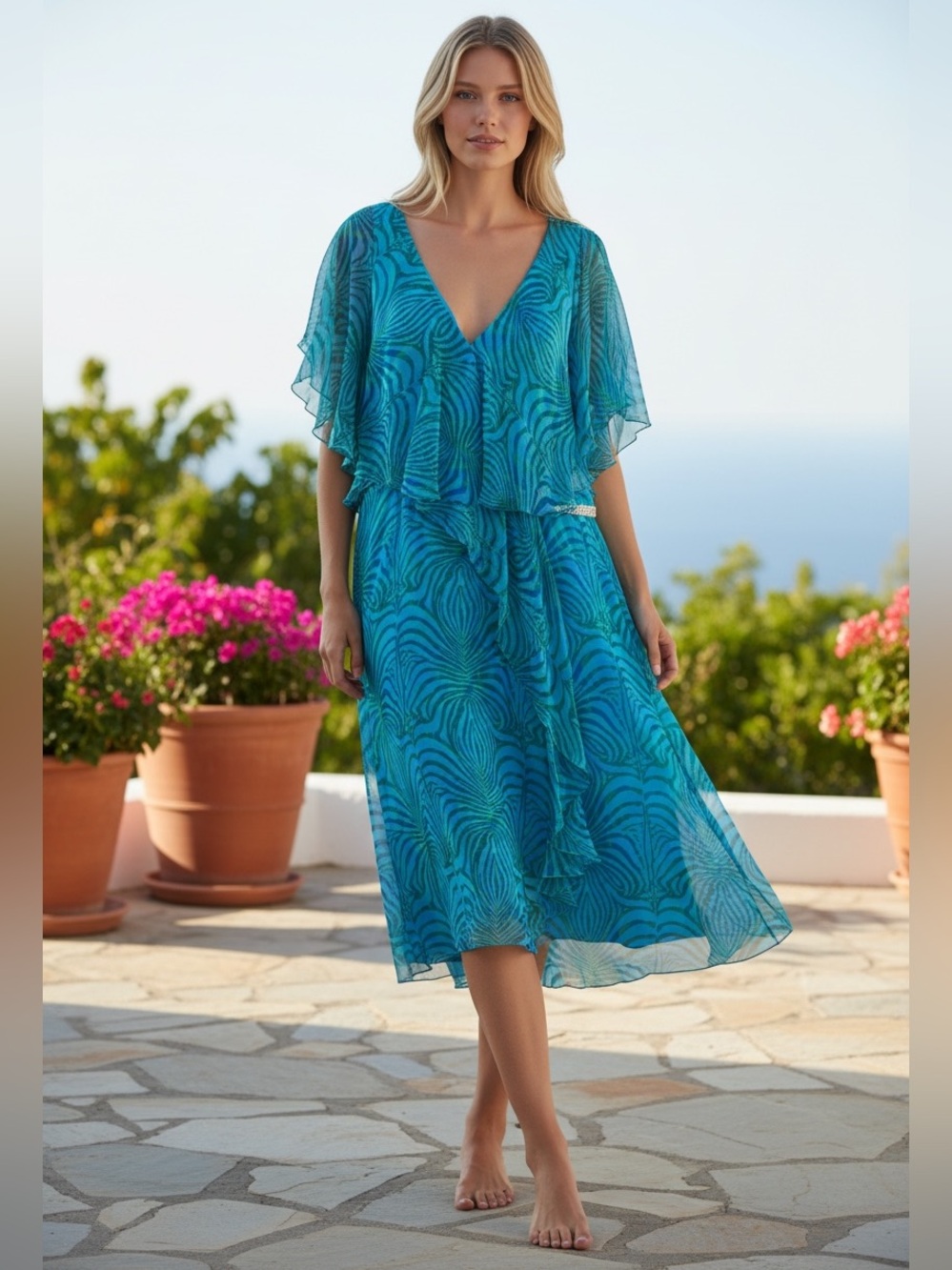 Gorgeous 100% SILK Women’s Sheer Flutter Sleeve Dress with Rhinestone band, L